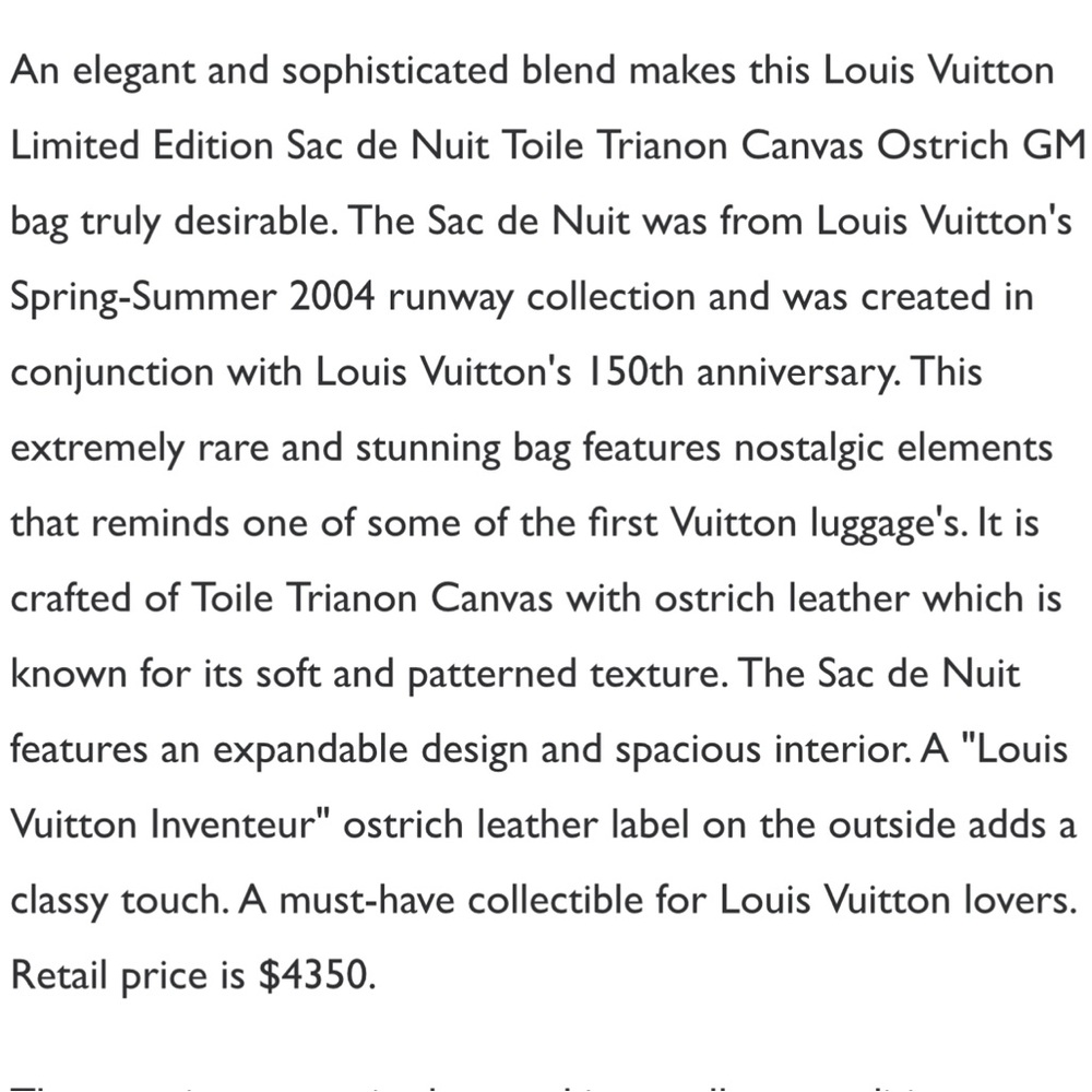 Louis Vuitton sac de nuit toile Trianon canvas ostrich mm - Picture 8 of 12